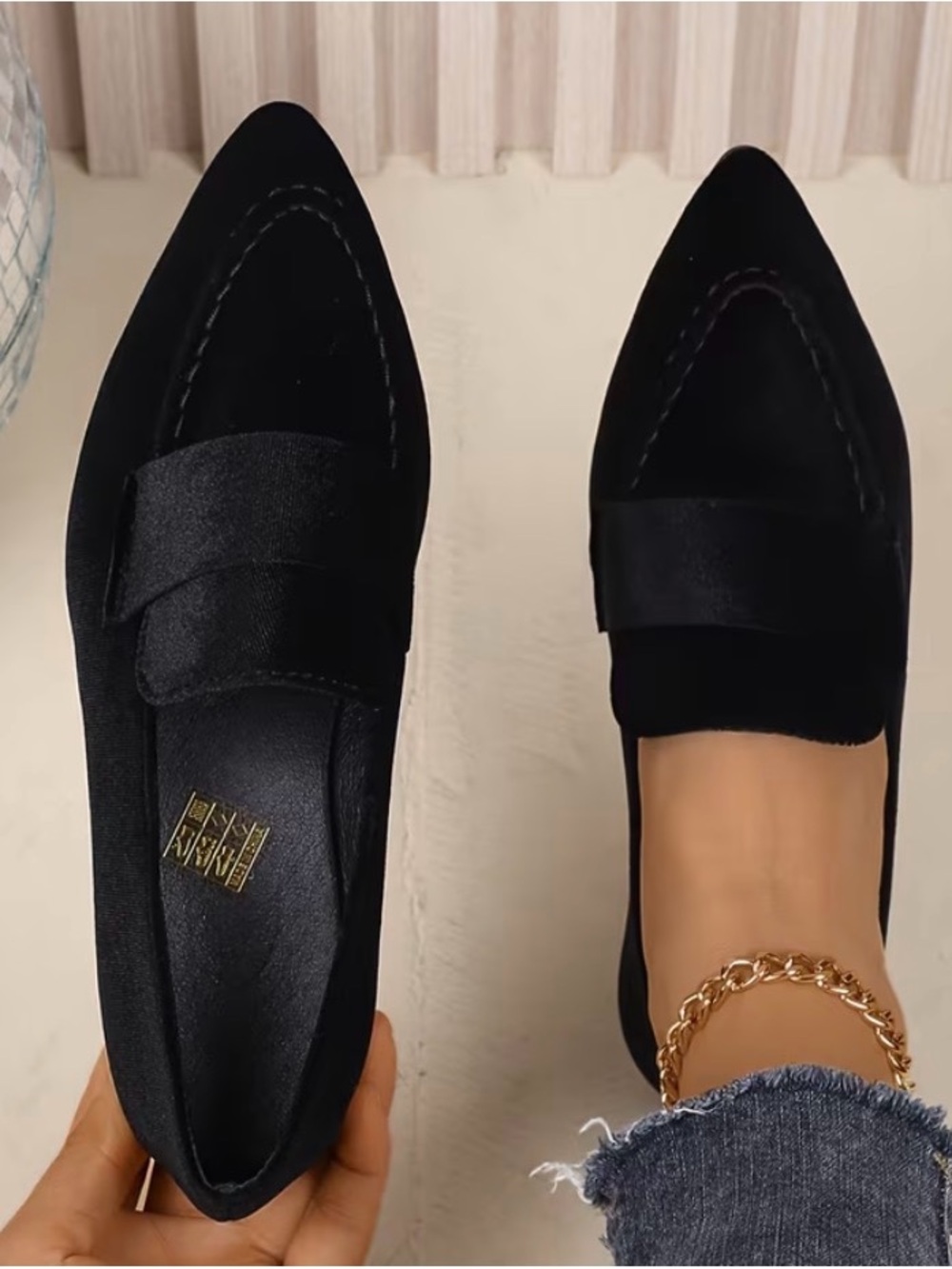 Black Pointed Toe Velvet Loafers - Women - Picture 3 of 3